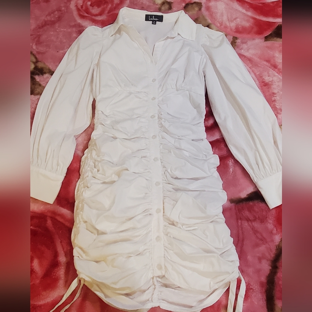 Lulus White Ruched Button Front Shirt Dress Size Small